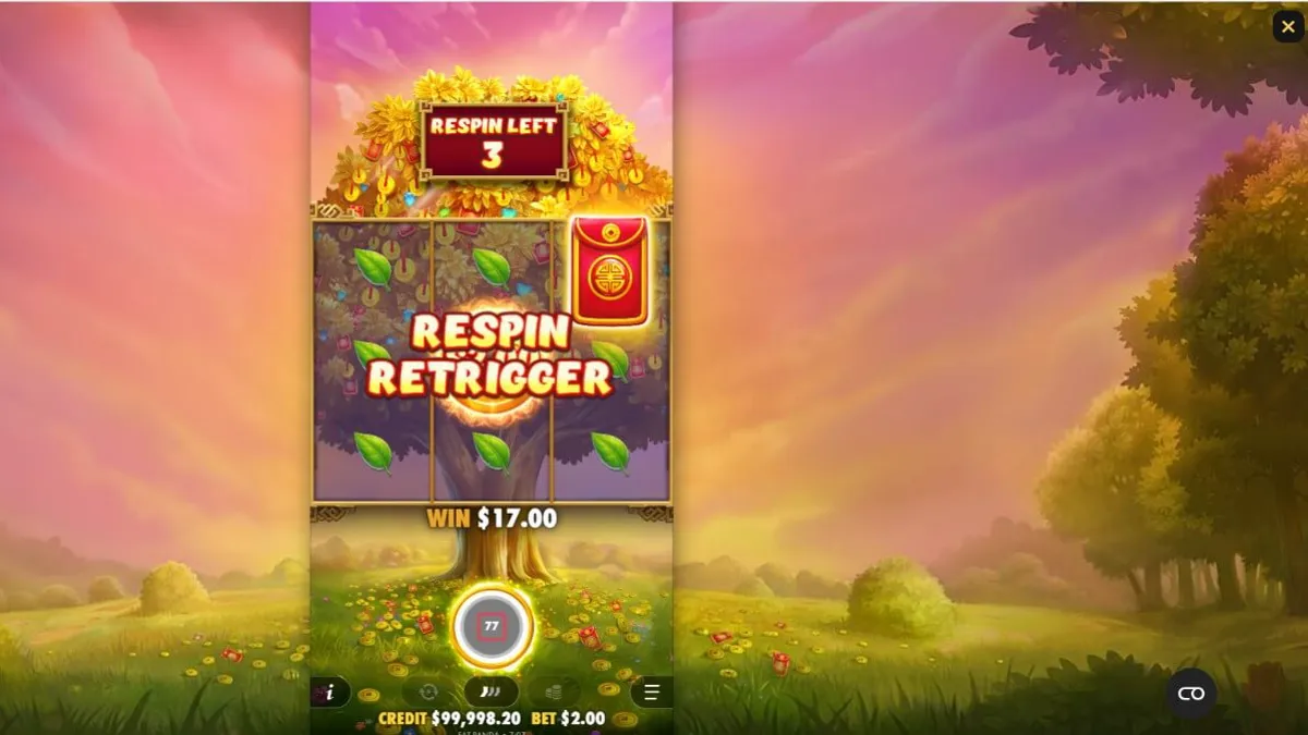 Pemandangan visual slot Lucky Fortune Tree dengan tema pohon keberuntungan Asia